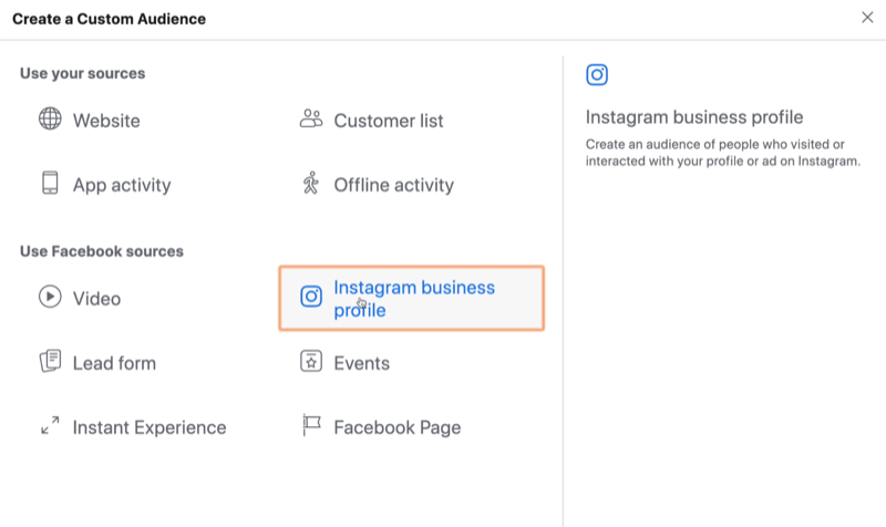 pasirinkite „Instagram Business“ kaip „Facebook“ pasirinktos auditorijos šaltinį