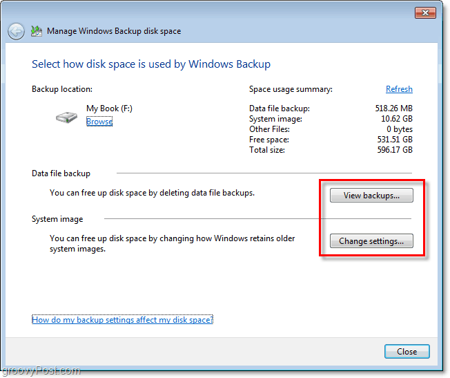 „Windows 7“ atsarginė kopija - peržiūrėkite atsarginę kopiją arba pakeiskite nustatymus, norėdami pakoreguoti dydį