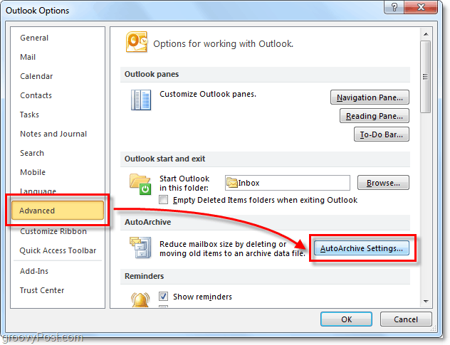Išplėstiniai> Automatinio archyvo nustatymai programoje „Outlook 2010“