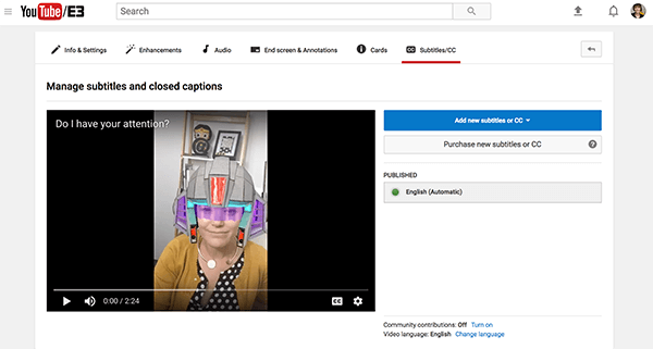Galimi „YouTube“ vaizdo įrašo antraščių failai yra skiltyje Paskelbta.
