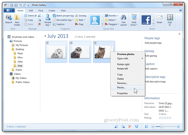 nuotraukos pakeitus dydį mokymo programa „Windows Live“ nuotraukų galerija keičia kontekstinio meniu mygtuką