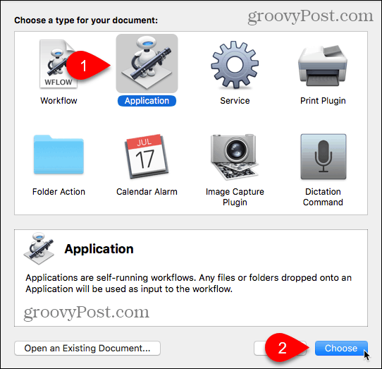 Pasirinkite „Application type“ programoje „Automator for Mac“