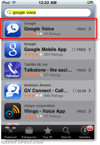 „Google Voice“ programų parduotuvėje, skirtoje „iPod“ arba „iPad“