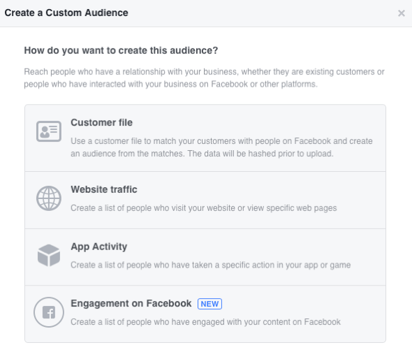 Pasirinkite iš keturių „Facebook“ pasirinktinės auditorijos kategorijų.