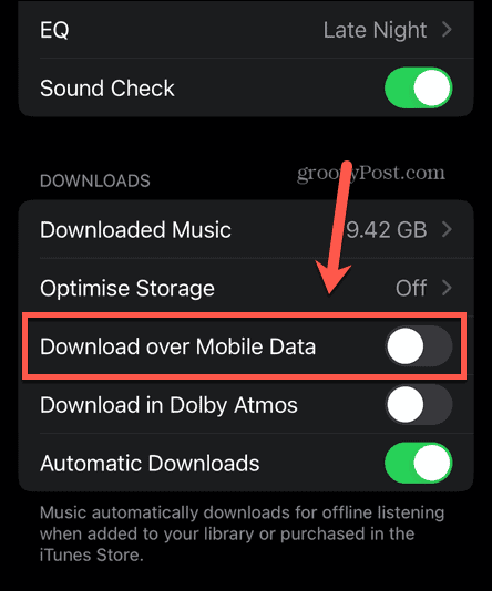 apple music mobilieji duomenys išjungti