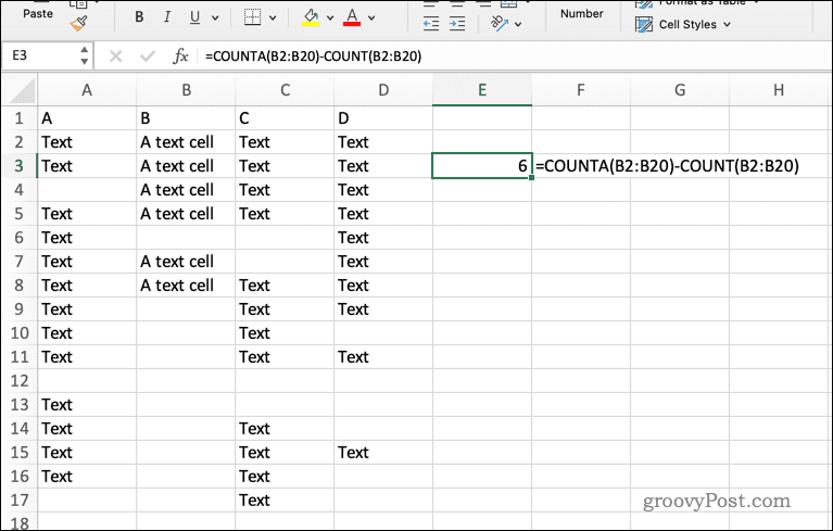 COUNTA formulės naudojimas programoje Excel