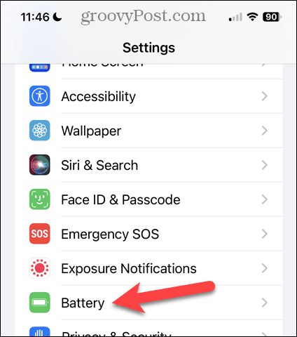 „iPhone“ nustatymų ekrane bakstelėkite Baterija