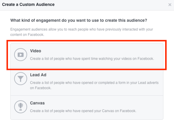 Pasirinkite „Video“, skirtą „Facebook“ pasirinktinei vaizdo įrašų auditorijai.