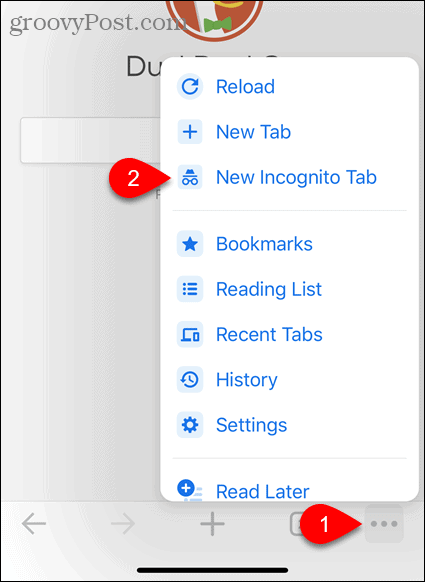Bakstelėkite Naujas inkognito skirtukas „Chrome“, skirtoje „iOS“