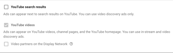 Kaip nustatyti „YouTube“ skelbimų kampaniją, 11 veiksmas, nustatykite tinklo rodymo parinktis