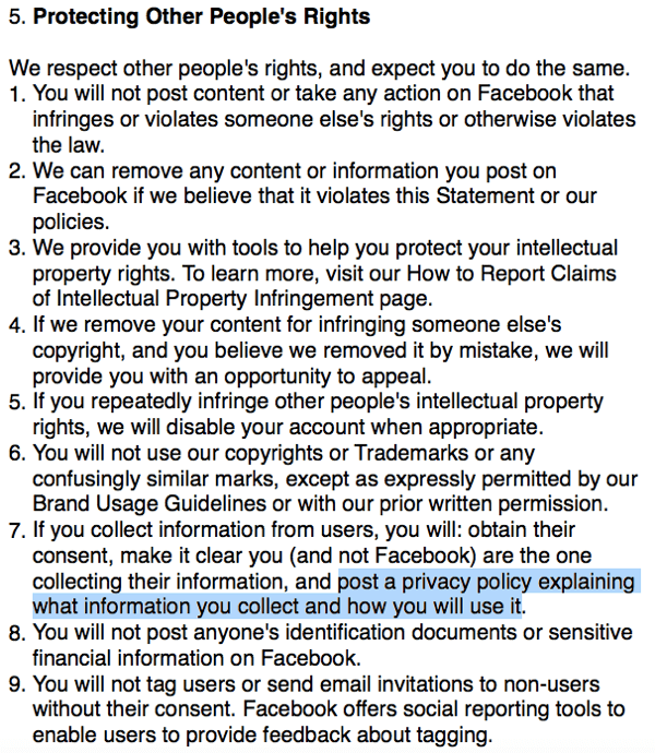 „Facebook“ sąlygos, kuriose nurodomi privatumo politikos reikalavimai.