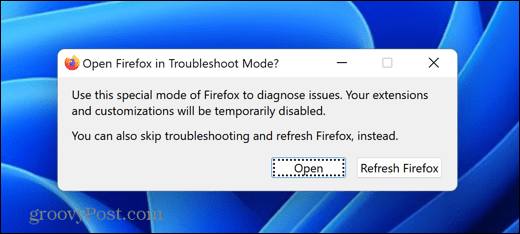 „Firefox“ atidarytas trikčių šalinimo režimas