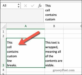 Teksto įvyniojimas „Excel“ naudojant eilučių pertraukas.