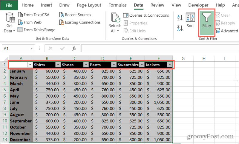 Įgalinti filtrus „Excel“
