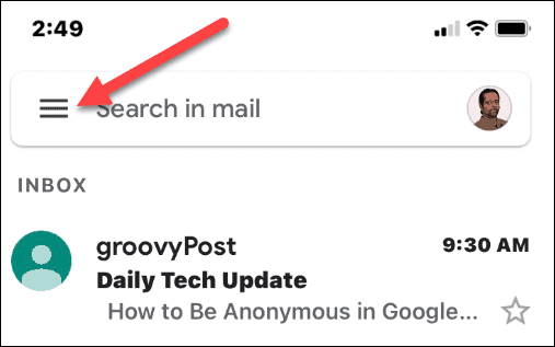 „Gmail“ nustatymų meniu