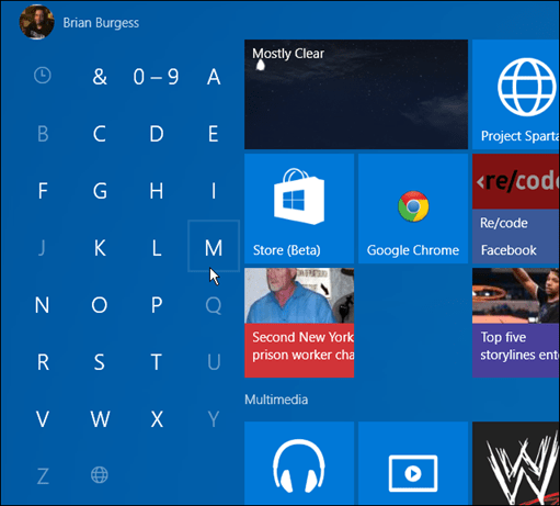 programos pirmąja raide „Windows 10 Start“