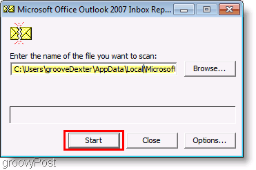 Ekrano kopija - „Outlook 2007 ScanPST“ taisymo failas