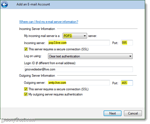 „Windows Live mail“ https el. pašto paskyros nustatymai