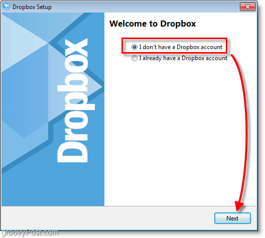 „Dropbox“ ekrano kopija - pasirinkite sukurti naują sąskaitą