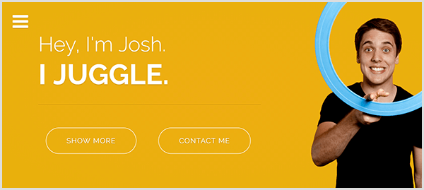 Josho Hortono žongliravimo svetainėje yra geltonas fonas, nuotrauka, kurioje Joshas šypsosi ir suka šviesiai mėlyną žongliravimo žiedą aplink rodomąjį pirštą, ir baltas tekstas, kuriame sakoma „Ei, aš esu Džošas“. Aš žongliruoju.