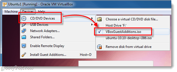 „ubuntu dvd CD“ įrenginys pasirinkite „vboxguestadditions.iso“
