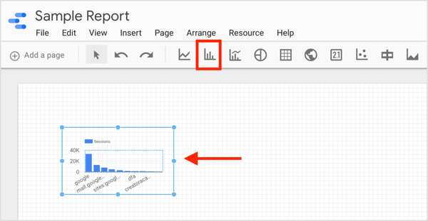 Spustelėkite norimo sukurti elemento piktogramą ir nubrėžkite langelį savo ataskaitoje.