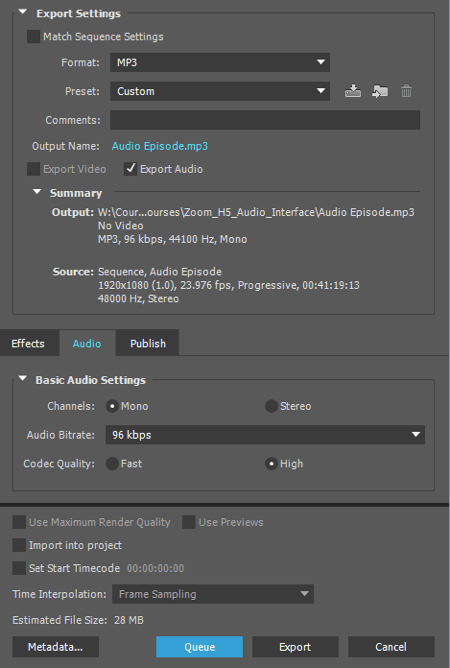 Eksportuokite garso įrašą kaip MP3 failą iš „Adobe Premiere“.