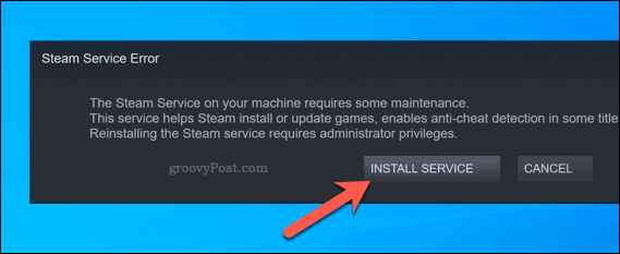 „Steam“ paslaugos klaida iš naujo įdiekite paslaugos parinktį
