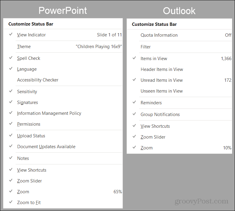 „PowerPoint“ ir „Outlook“ būsenos juostos parinktys