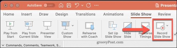 Įrašykite skaidrių demonstravimo parinktis „Mac“ sistemoje „PowerPoint“