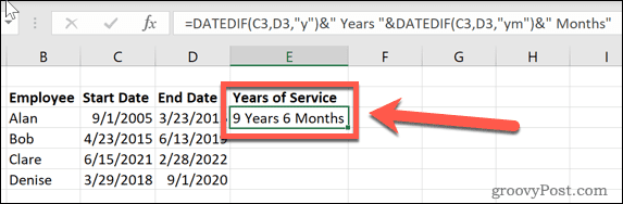 „Excel“ pagal tarnybos metus ir mėnesius
