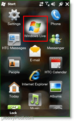 kur „Windows Live“ rodomas jūsų „Windows Mobile“ darbalaukyje