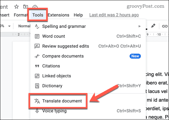 Išverskite dokumentą „Google“ dokumentuose