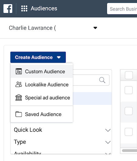 „Facebook Ads Manager“ skiltyje „Auditorijos“ sukurkite išskleidžiamąjį meniu „Auditorija“