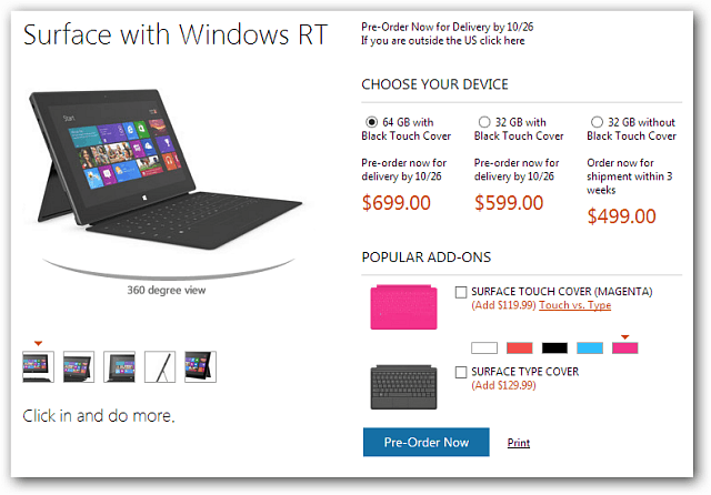 „Microsoft“ skelbia „Surface RT“ planšetinių kompiuterių kainų nustatymą, kurį galima užsisakyti iš anksto