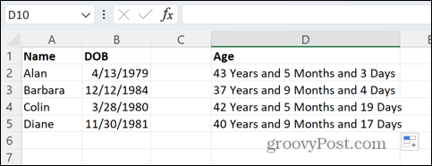Excel amžius metais mėnesiais ir dienomis