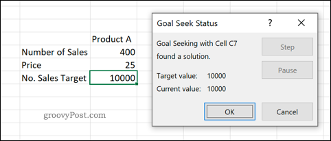 Priemonės „Tikslo paieškos“ peržiūra „Excel“