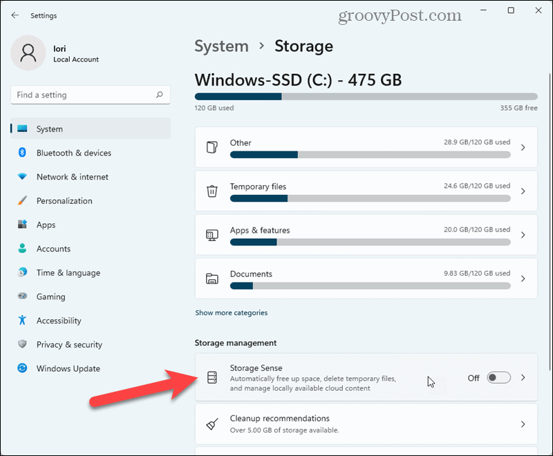 „Windows 11“ nustatymuose spustelėkite „Storage Sense“