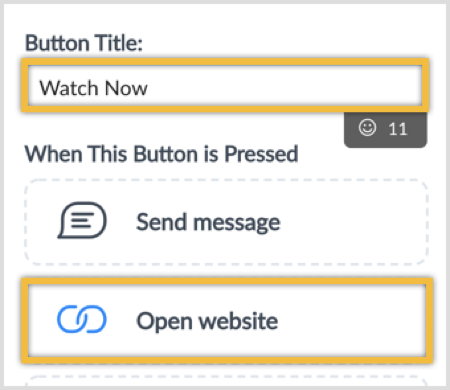 Įveskite mygtuko pavadinimą ir pasirinkite parinktį Atidaryti svetainę.
