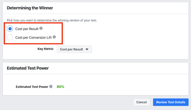 „Facebook“ eksperimentų A / B testo „Winner“ skilties nustatymas