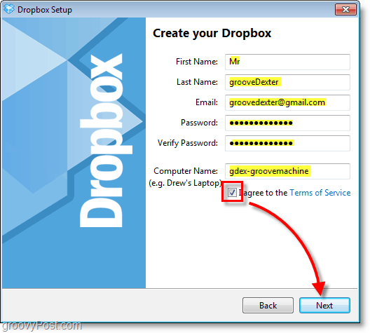 „Dropbox“ ekrano kopija - įveskite savo sąskaitos informaciją