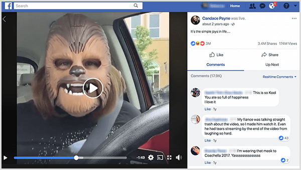 Candace Payne tiesiogiai „Facebook“ tinkle pasirodė „Chewbacca“ kauke iš Kohlio automobilių stovėjimo aikštelės. Tuo metu, kai buvo padaryta ši ekrano kopija, jos vaizdo įrašas buvo peržiūrėtas 3,4 mln. Kartų ir peržiūrėtas 174 mln.