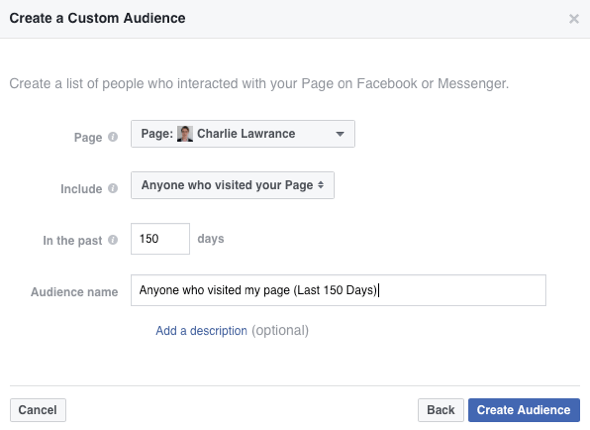 Norėdami sukurti „Facebook“ pasirinktinę auditoriją, išskleidžiamajame sąraše Įtraukti pasirinkite Visi, kas lankėsi jūsų puslapyje.