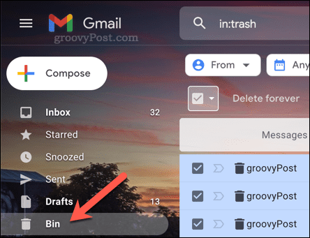 „Gmail“ aplanko „Šiukšliadėžė“ atidarymas
