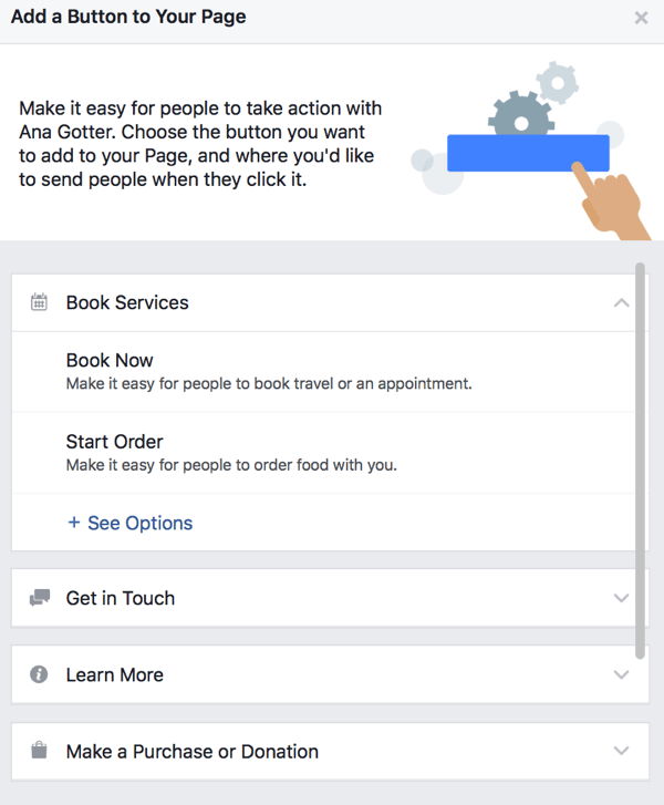 Savo „Facebook“ puslapiui galite pasirinkti iš daugybės raginimo veikti mygtukų.