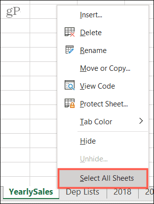 „Excel“ pasirinkite visus lapus