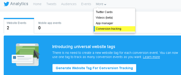 „Twitter“ leidžia pridėti kodą prie svetainės, kad būtų galima stebėti konversijas ir sukurti pritaikytas auditorijas.