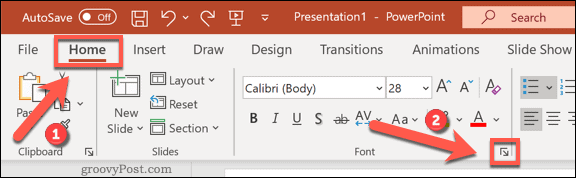 „Windows“ programos „PowerPoint“ atidarymas šriftų parinkčių meniu