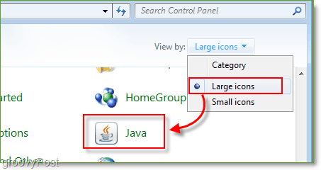 Ekrano vaizdas: „Windows 7“ valdymo skydelis Paleiskite „Java“