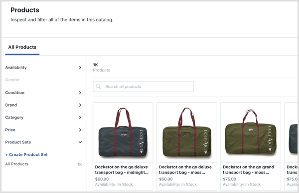„Facebook“ katalogo tvarkyklės skirtukas Produktai